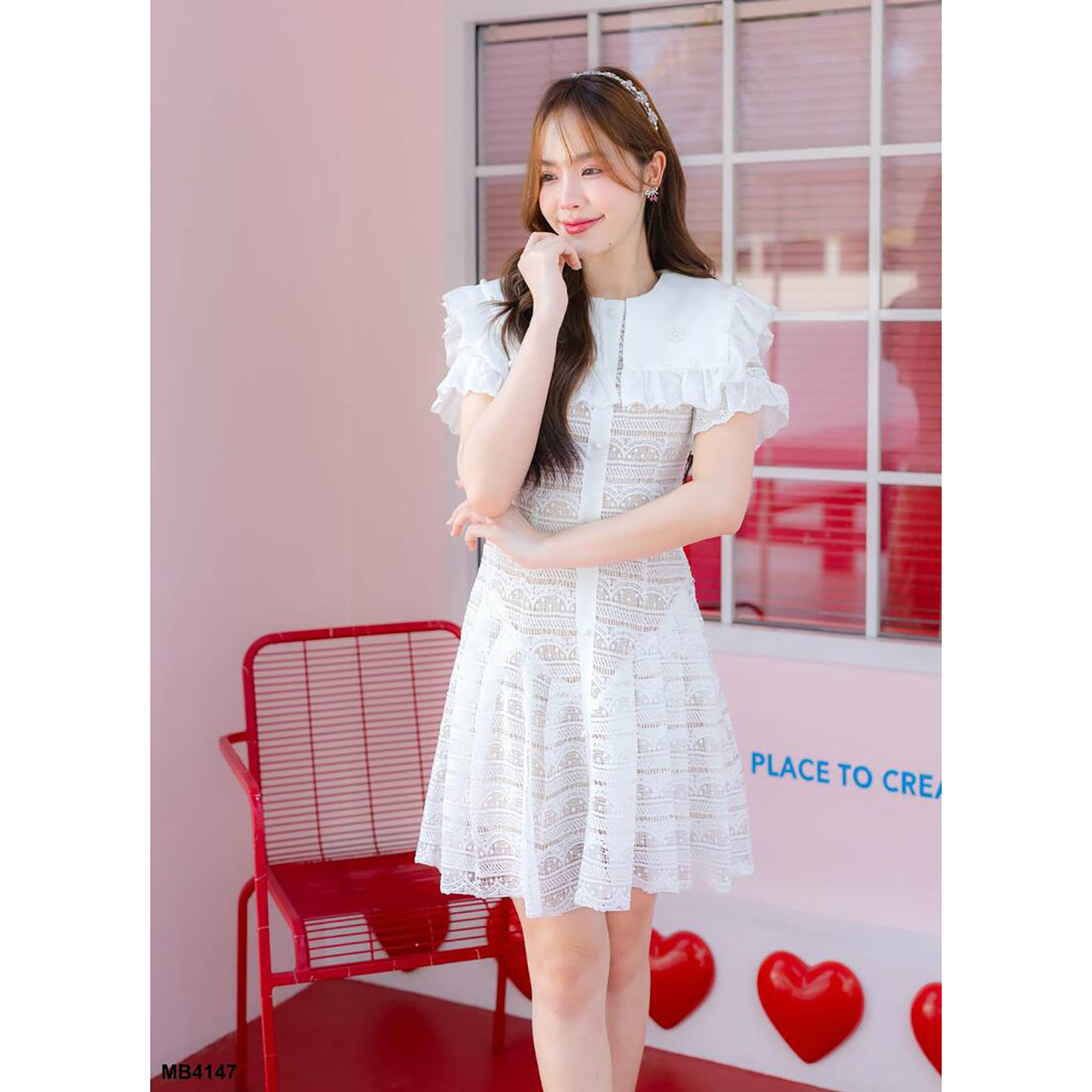 kudapy เดรสสั้นลูกไม้คอปกกะลาสี