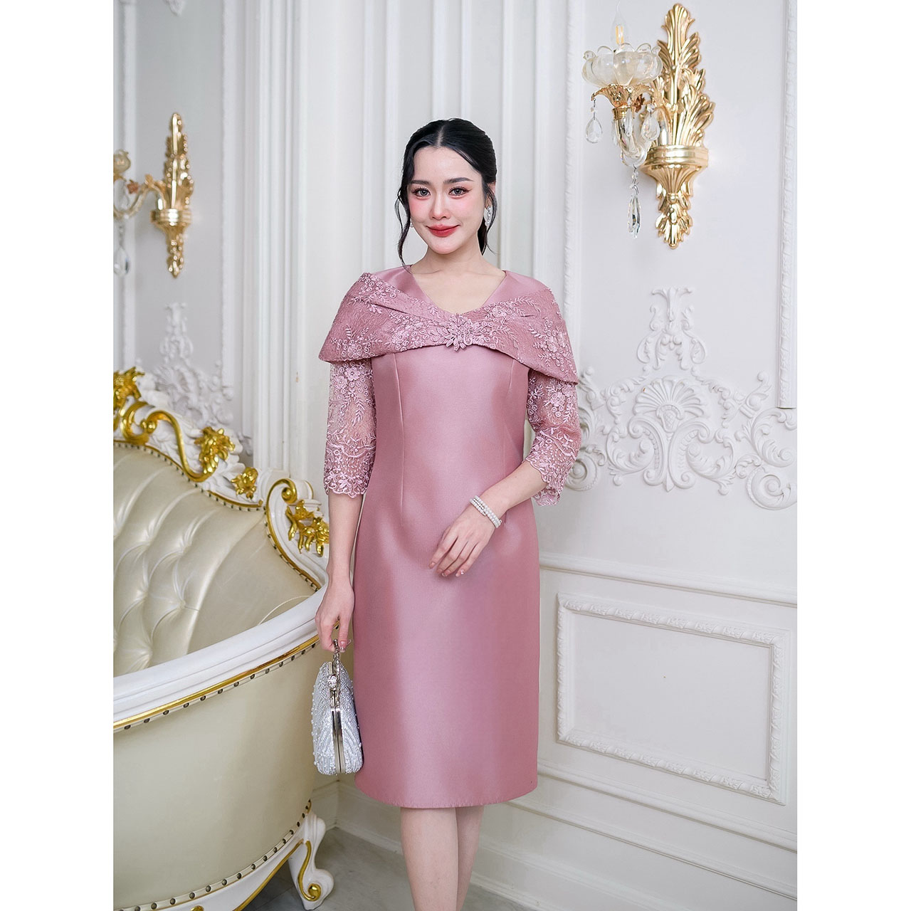 kudapy เดรสผ้าไหมโอบไหล่ งานผ้าสวยพรีเมี่ยมสุดๆ ลูกไม้คัดเกรดดอกสวยชัด