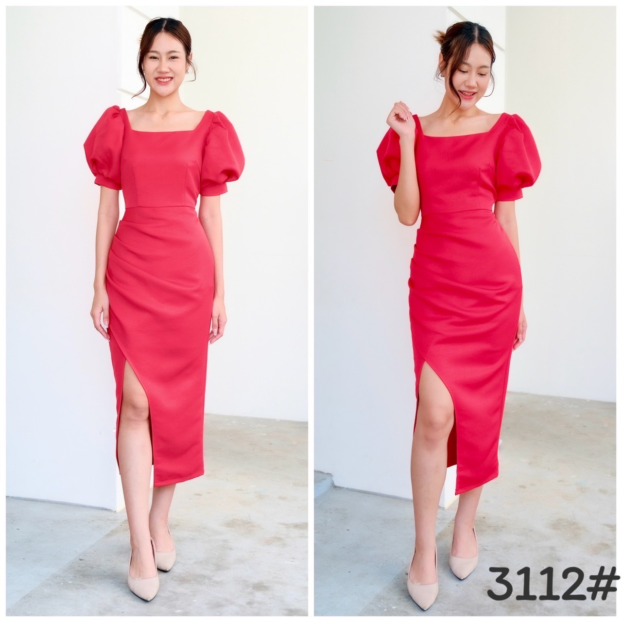 kudapy เดรสขอเหลี่ยม แขนพอง ตุ๊กตา จับจีบเอว-สะโพก กระโปรงทรงสอบ เก็บทรง ดีเทลกระโปรงป้ายผ่าข้าง