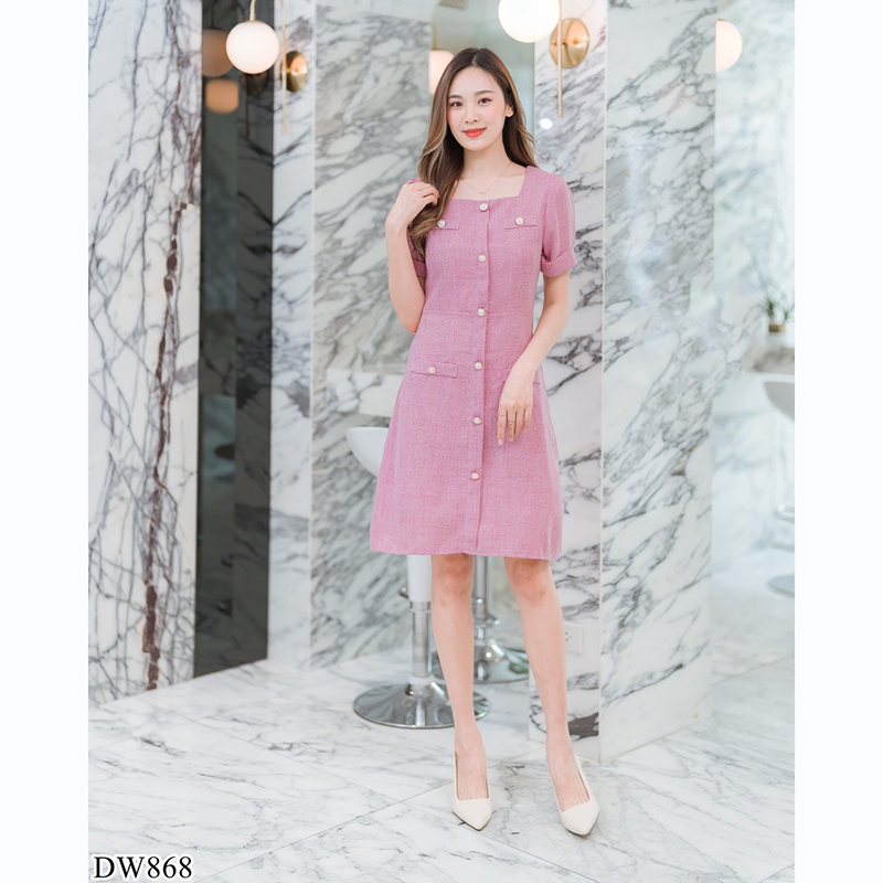 kudapy เดรสสั้นคอลึกสีน้ำตาล/สีชมพู/สีเขียว ทำงานทรงเอคอเหลี่ยมมีกระดุมกลางอก