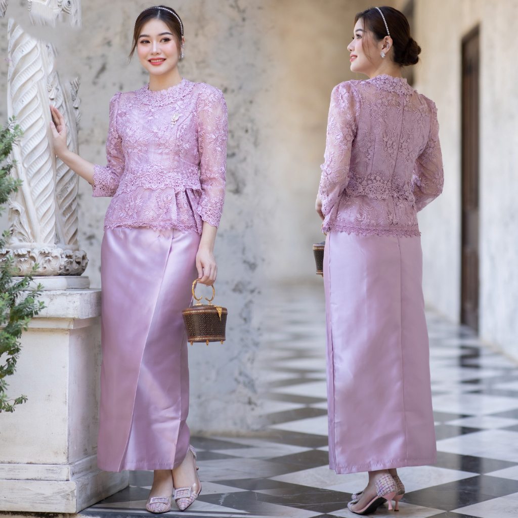 kudapy ชุดไปงานแต่งสีชมพูโรสโกลด์ เสื้อลูกไ้มฝรั่งเศษอย่างดี มีซับในซิบหลัง กับผ้าถุงสีเดียวกัน ใส่คู่นี้เกิดมากค่าแม่