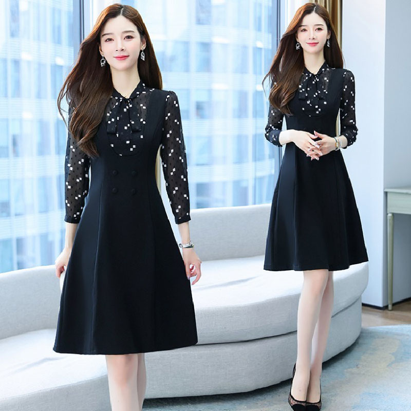kudapy เดรสสั้นสีดำ ผูกโบว์ แขนยาว กระโปรงคลุมเข่า แนวเรียบร้อย สวยสง่า ใส่ดูดี
