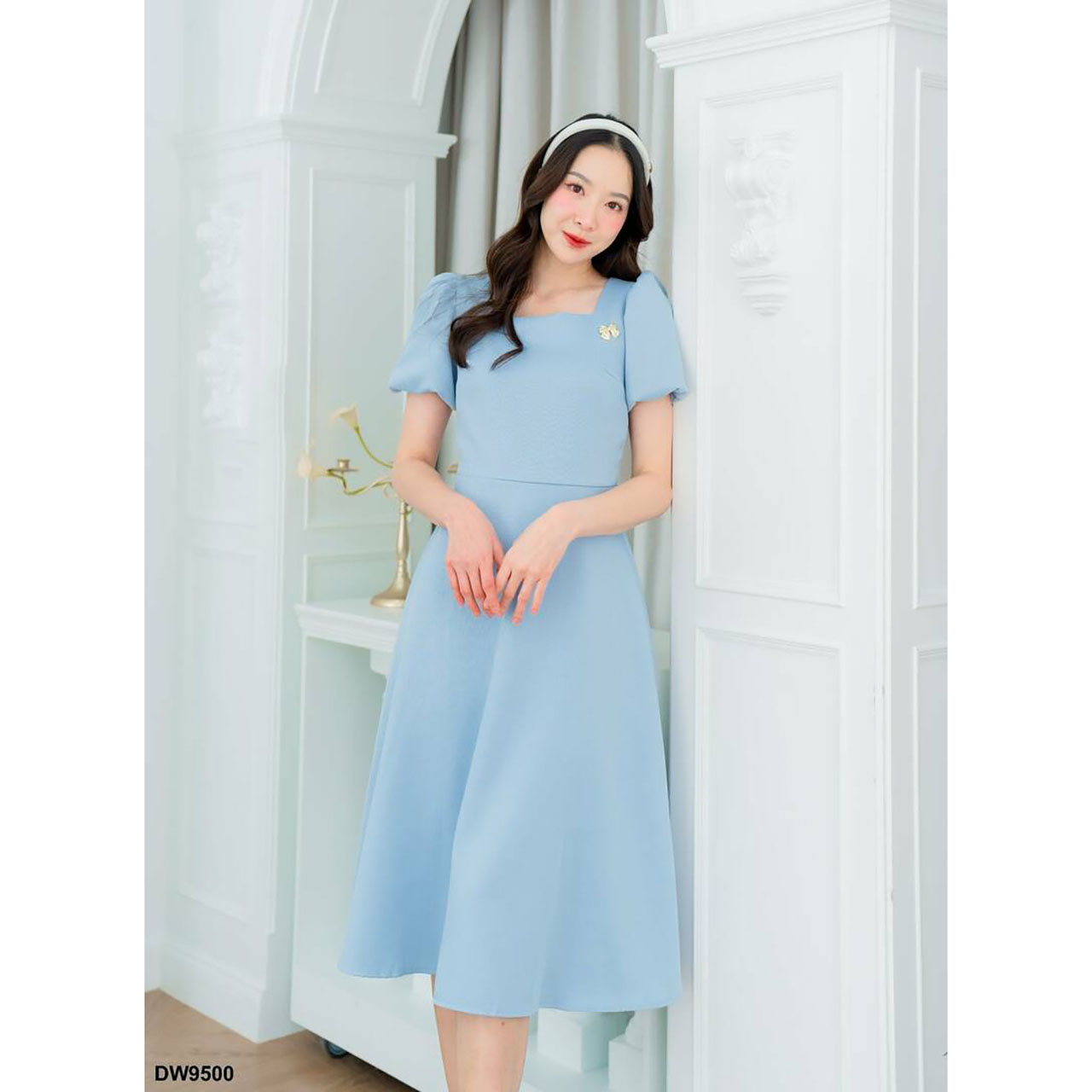 kudapy เดรสสั้นสีเหลือง/สีฟ้า/สีกรม แขนตุ๊กตากระโปรงบาน