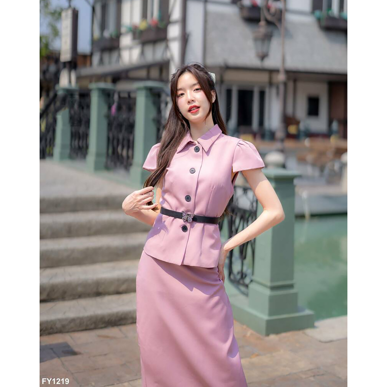 kudapy ชุดเซ็ทออกงาน+เข็มขัด แขนสั้นคอปก ใส่ออกงานสวยดูดี