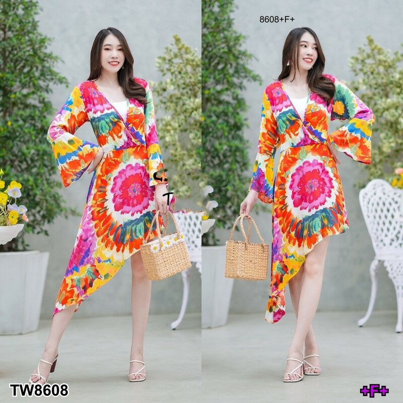 kudapy เดรสสั้น ชายเฉียงระบายชายหางปลาแบบจัดเต็ม ผ้าพริ้ว แขนยาวปลายแขนระบาย