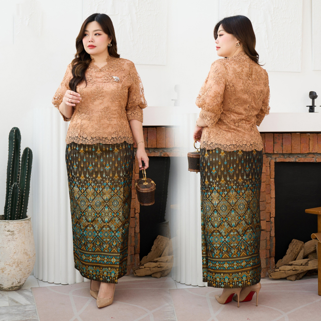 kudapy ชุดเซตออกงาน เสื้อผ้าลูกไม้สีเหลืองทอง ทรงกลมสูง + ผ้าถุงทอลายกาฬสินธุ์