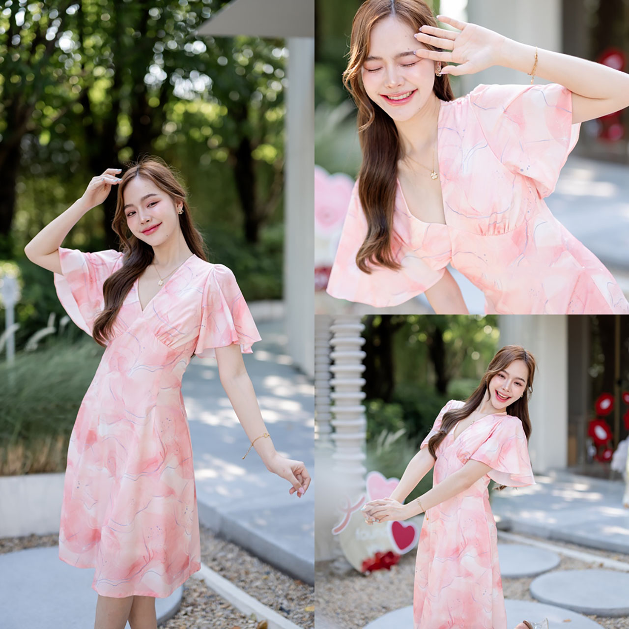 kudapy เดรสสั้นสีเอิร์ธโทน/สีพาสเทล/สีโทนฟ้า/สีโทนสีโอรส ตัวเสื้อเป็นคอวีจับจีบเดรปที่อก ต่อลงมาเป็นกระโปรงทรงเอบาน แขนเสื้อเป็นทรง Bell