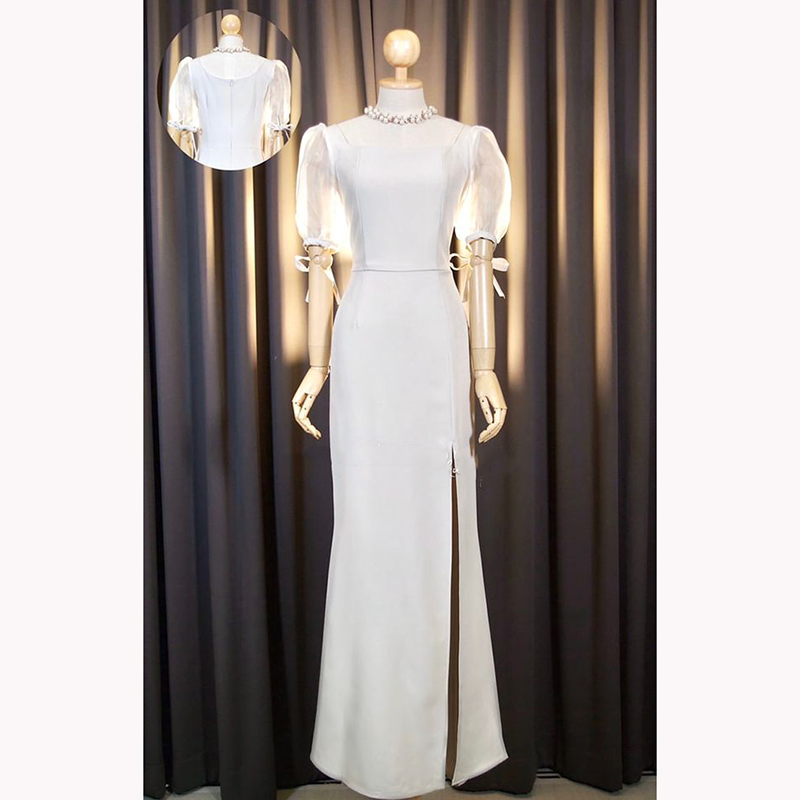 kudapy เดรสยาวออกงานสีครีมงาช้าง/เขียวพิตาชิโอ้/ชมพูอ่อน/ชมพูเข้ม/กรมท่า คอเหลี่ยม แขนตุ๊กตา ผูกโบว์ปรับขยายไซส์แขนได้ หรือ ดึงไหล่ลงแบบเปิดบ่า กระโปรงหางปลา