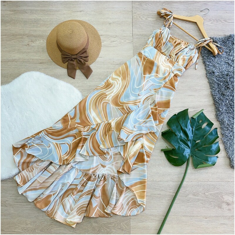 kudapy เดรสลายพาสเทล 2 in 1 ผูกไหล่ & ผูกคอ หน้าสั้นหลังยาวแวกหน้า งานผ้าไหมอิตาลีผ้าพริ้ว กระโปรงเย็บระบายชายเพิ่มดีเทล