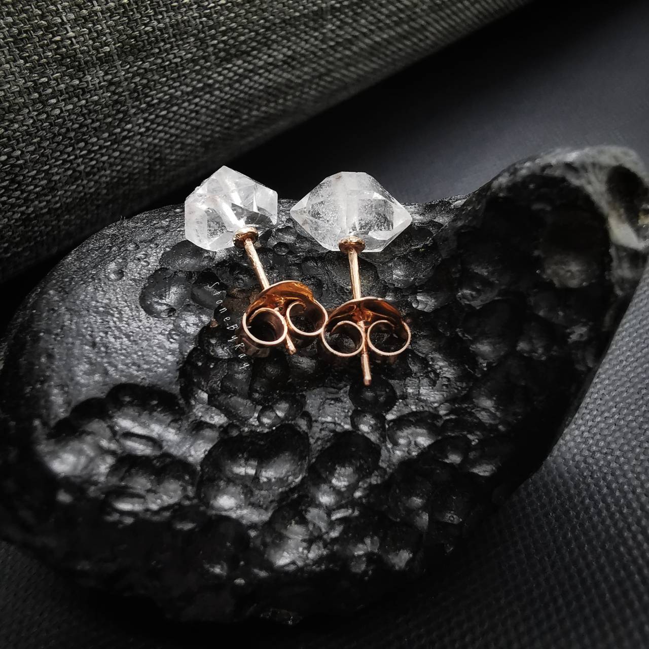 ต่างหูเงินชุบพิ้งโกลด์หินเฮอร์คิเมอร์ไดม่อน Herkimer Diamond