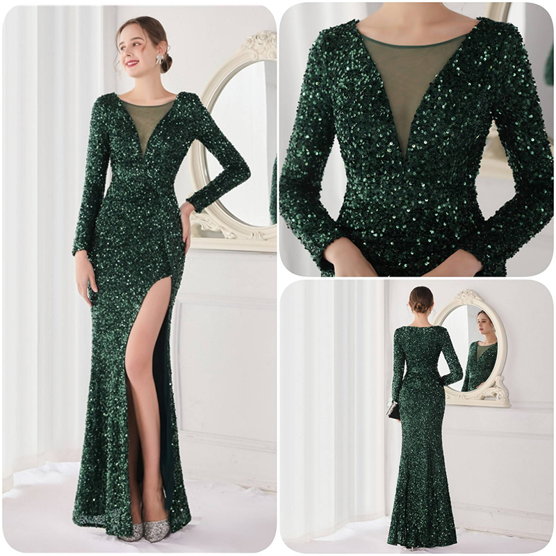 kudapy ชุดราตรียาวคอกลมแต่งวีโชว์เซ็กซี่ สีแดงเบอร์กันดี้,สีเขียว,สีชมพูโรสโกลด์,สีดำ,สีเทาเงิน ผ้ากริสเตอร์ทอแสง