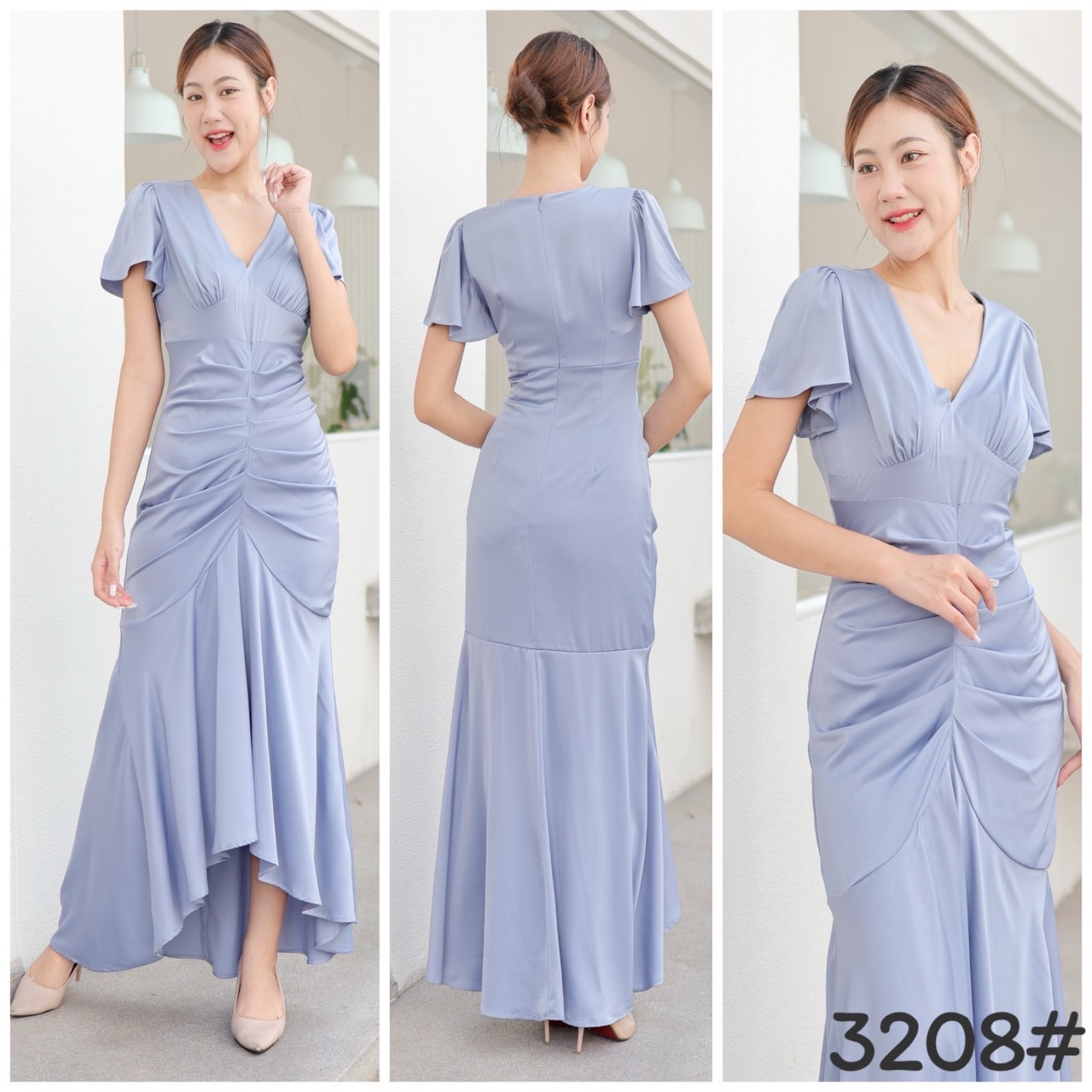 kudapy ชดเดรสราตรีออกงาน ทรงวี แขนกระดิ่งระบาย เอวสูง กระโปรงเจ้ารูปหางปลา จับเดรป พรางพุงหมาน้อย