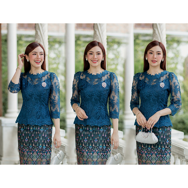 kudapy (เฉพาะเสื้อ) เสื้อลูกไม้สีน้ำเงิน/สีส้มทอง ตัวเสื้อใช้ผ้าลูกไม้ใยบวบเนื้อดีลายลูกไม้แน่นทั้งตัว ตัวเสื้อมาพร้อมซับในเนื้อดีในตัว