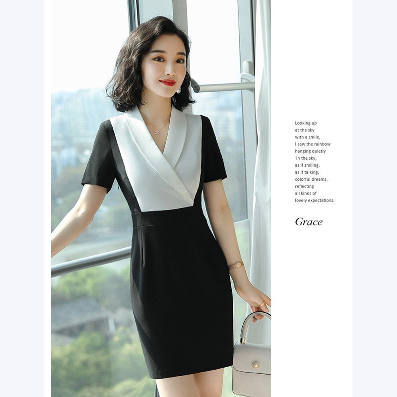 kudapy เดรสแขนสั้นสีดำขาว สีดำเหลืองเข้ม คอปก ทูโทน ผ้าไม่บาง และไม่หนาเกินไป เหมาะสำหรับใส่ทำงาน