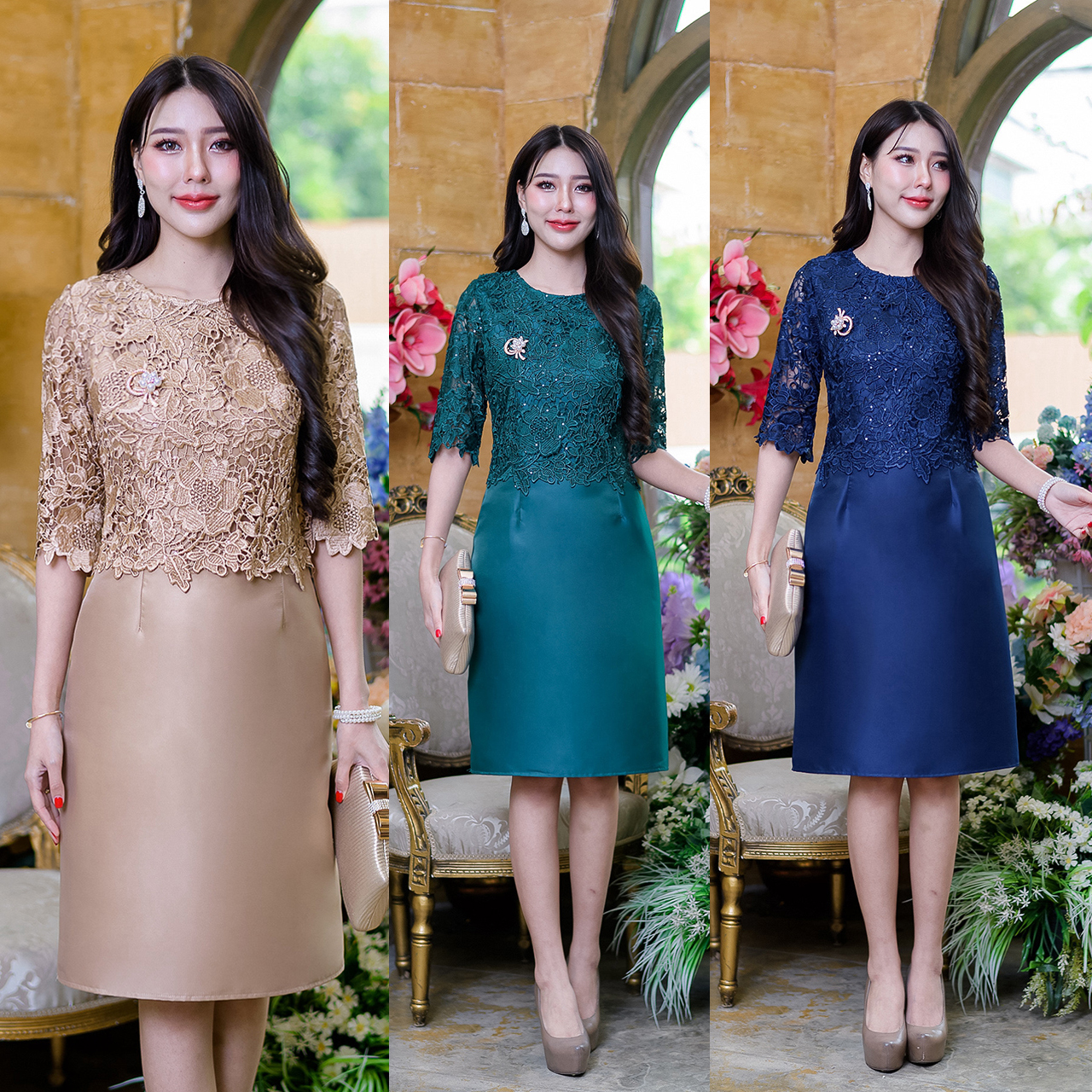 kudapy เดรสสั้นสีกรม/สีเขียว/สีน้ำตาลทอง/สีเหลืองทอง ผ้าไหมคลุมลุกไม้แขนศอก เป็นลูกไม้เงาปักเลื่อมเป็นเลื่อมใส่เม็ดเล็ก