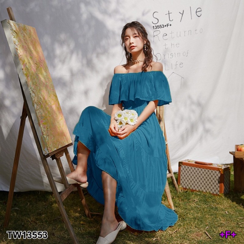 kudapy Maxi Dress เดรสยาว เปิดไหล่ แขนระบาย ยางยืดเอวรอบ เนื้อผ้าอิตาลี่