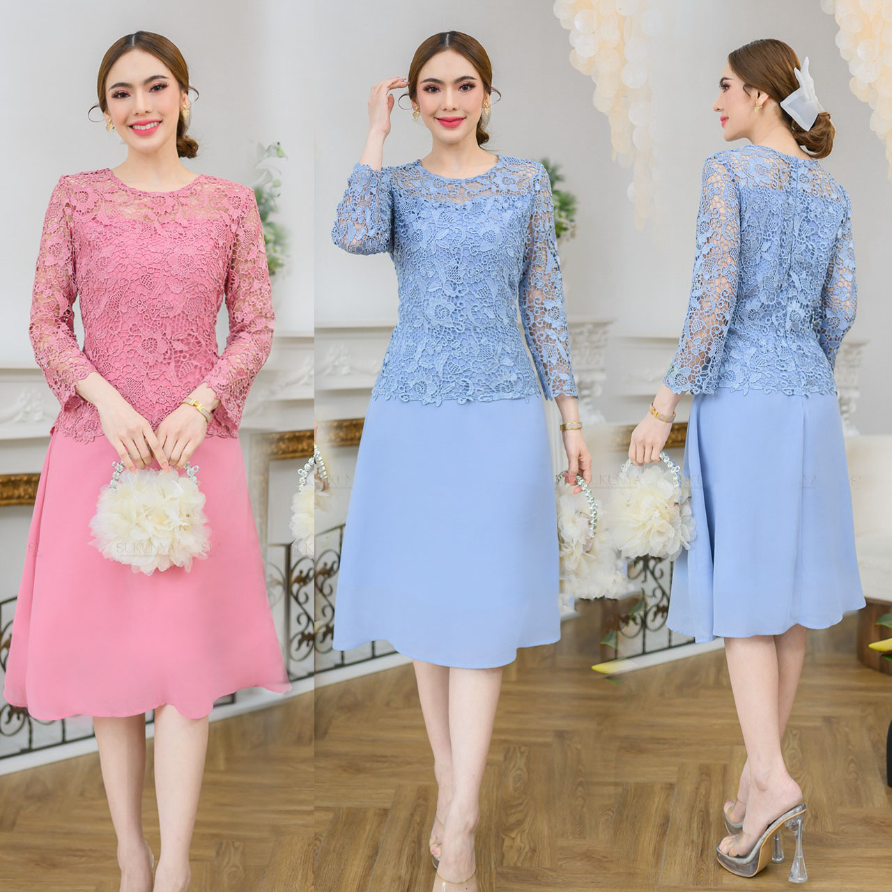 kudapy เดรสลูกไม้ เนื้อผ้าดีสวยงามตัวเสื้อใช้ลูกไม้คัดเกรดอย่างดีเนื้อเงาทอลาย กระโปรงเป็นผ้าชีฟอง