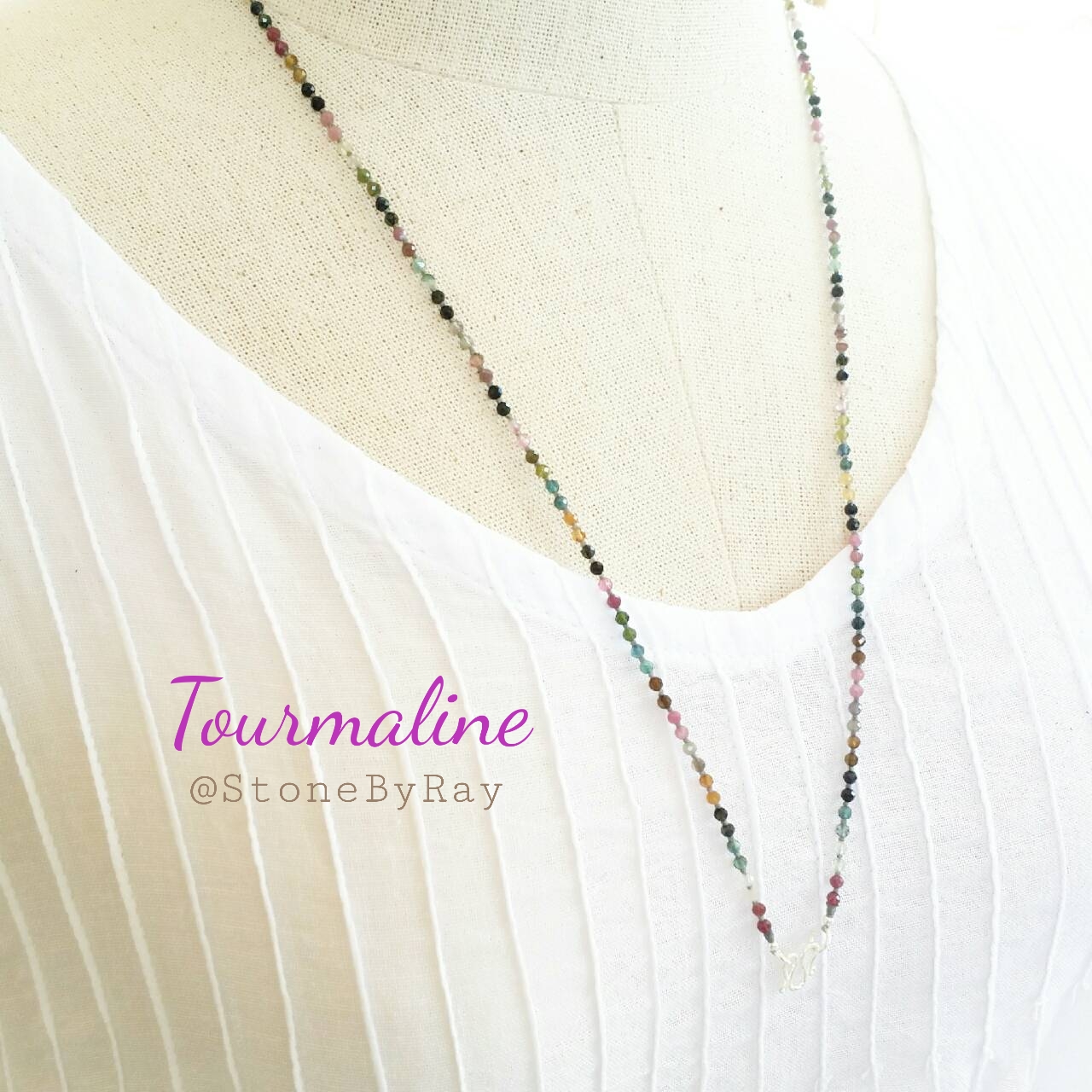 สร้อยคอเชือกถักพลอยทัวร์มาลีนเจียรเหลี่ยม