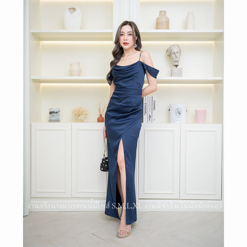 kudapy เดรสยาวเปิดไหล่ใส่ออกงาน สีชมพู/สีกรม/สีน้ำตาลอิฐ/สีแดงเลือดหมู ซับในทั้งชุด ผ้าเครปซาตินเนื้อดี