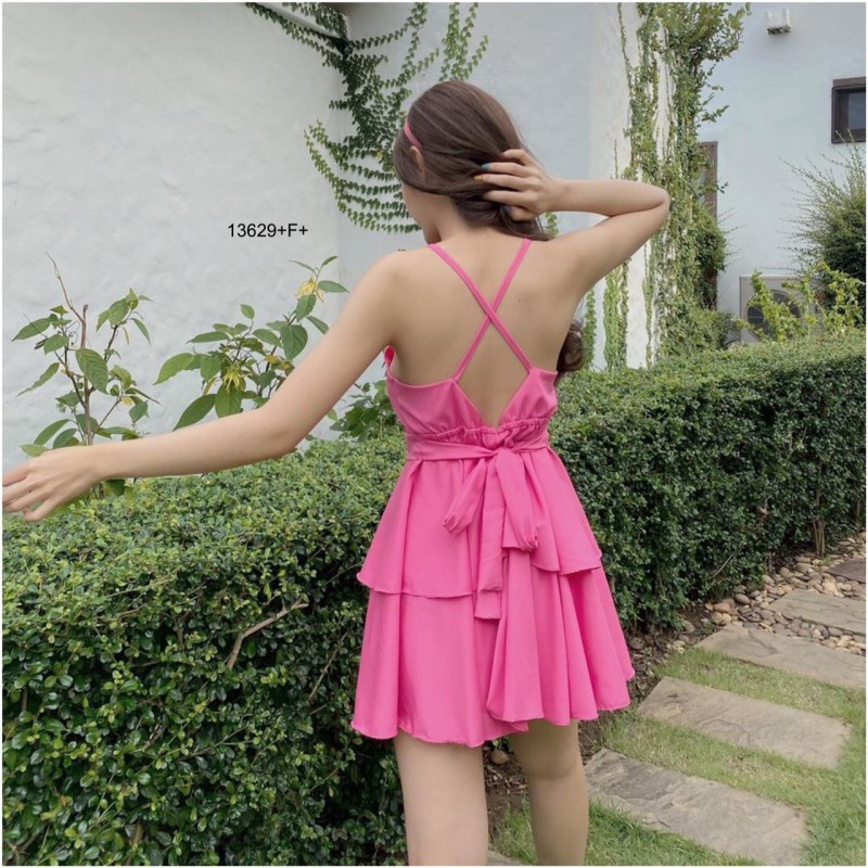 kudapy ดรสสั้นเว้าอกไปทะเล เว้าหลัง ผูกเชือกรัดเอวด้านหลังนะคะ กระโปรงแต่งชั้นระบาย2ชั้น