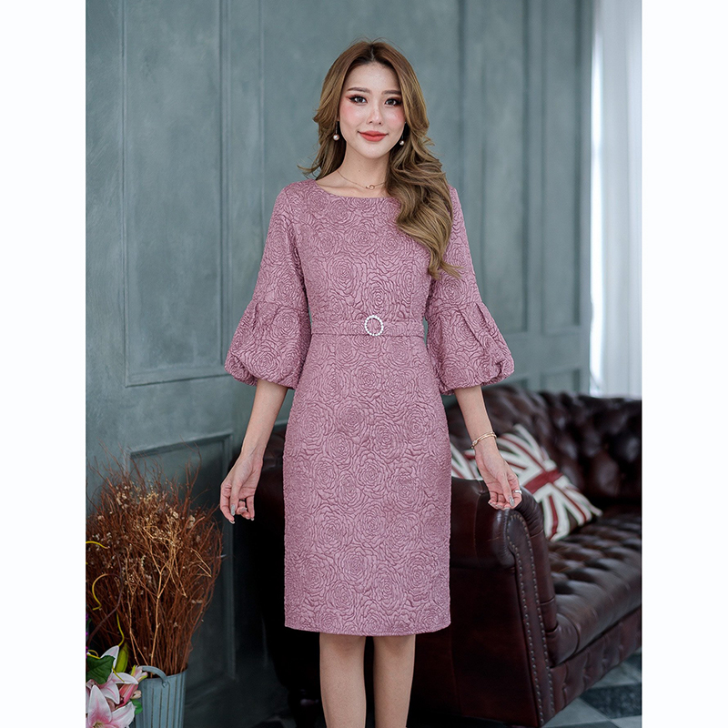 kudapy เดรสสั้นสีชมพูกะปิ/สีฟ้าเทา/สีดำ ทรงแขนยาวบอลลูน ปลายแขนดีไซน์เป็นพุ่มช่วงปลายแขนดูสวยหรูมาก