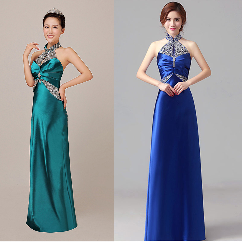 kudapy ชุดราตรียาวสีน้ำเงิน/เขียวมรกต คล้องคอ ปักเลื่อมเน้นช่วงเอว และปกคอจีน