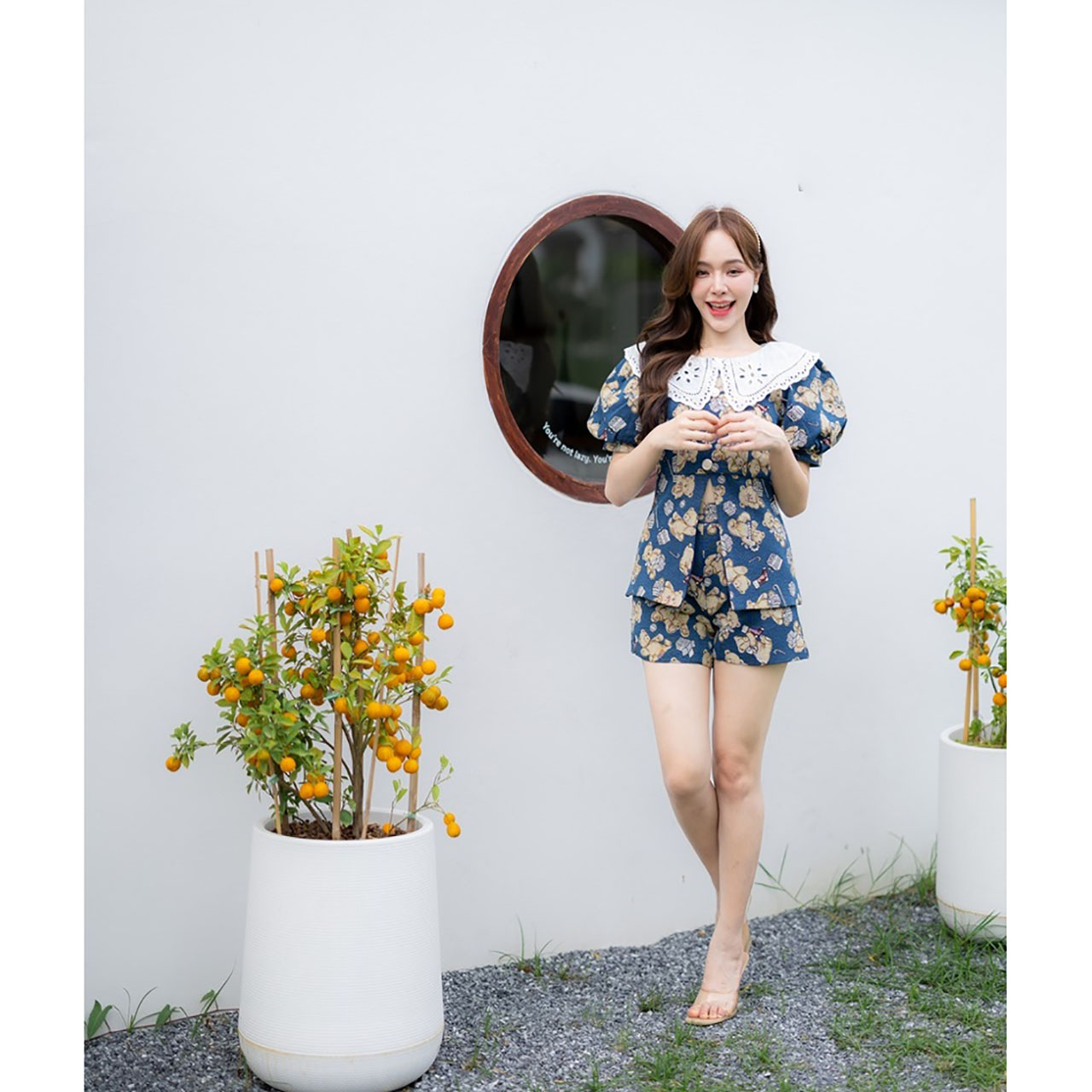 kudapy เซตเสื้อ+กางเกงลายหมีขาสั้น สุดคิ้วท์สุดปังใส่ไปเที่ยว ซิปซ่อนด้านหลัง