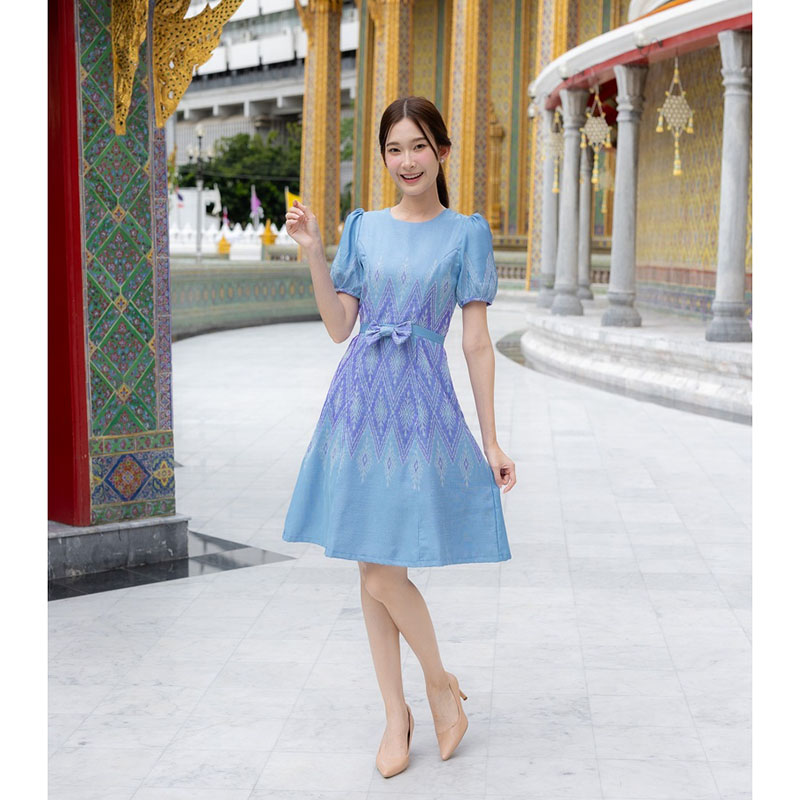 kudapy เดรสสั้นสีฟ้า/สีส้ม ผ้าทอทรงบ้านโบว์หน้า ลายไทย ใส่ออกงาน สวยดูดี
