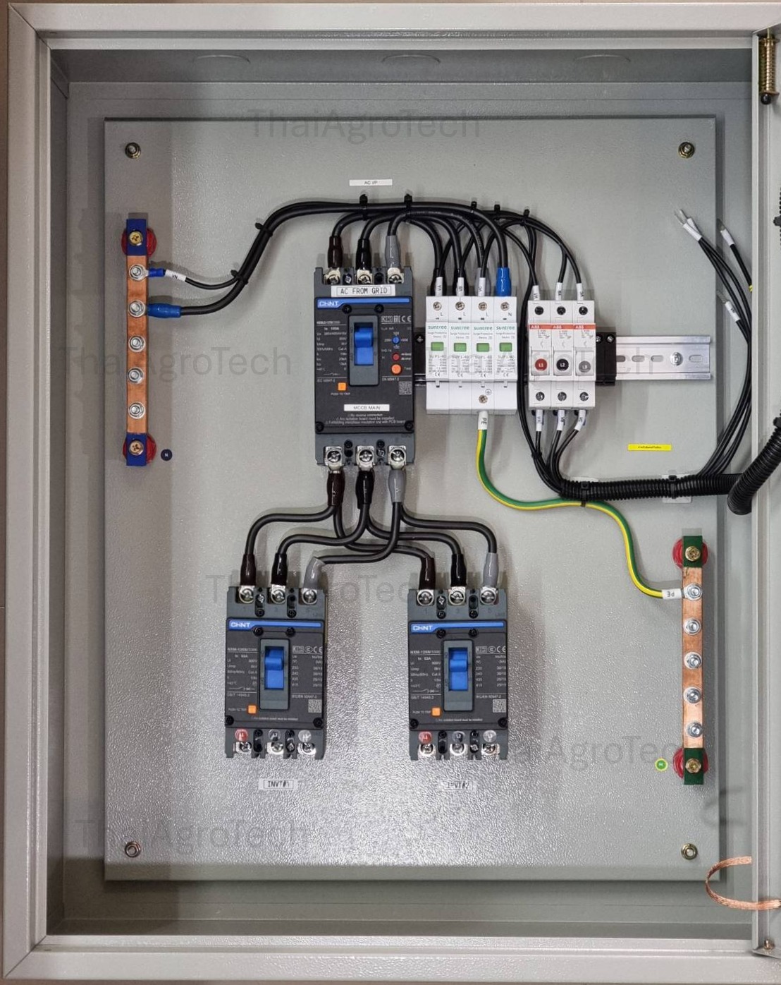 ตู้คอมบายเนอร์ เบรคเกอร์ เอซี (AC) สำหรับระบบโซล่าเซลล์ 2วงจร เข้า2ออก1 (อินเวอร์เตอร์ 2ตัว) AC Switch Box (CB Box) 2Inverter 2 IN 1 OUT