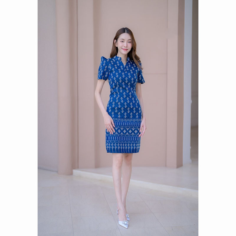 kudapy เดรสสั้นสีเทา/สีกรม/สีชมพู ผ้าไทยคอปีนลายขอ