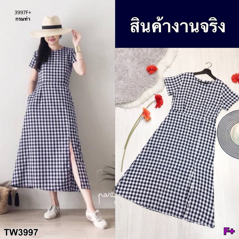 kudapy แม็กซี่เดรส ยาว งานผ้าทอลายสก็อตแขนสั้น ทรงหรู ดูน่ารักฝุุดๆ มีซิปหลัง
