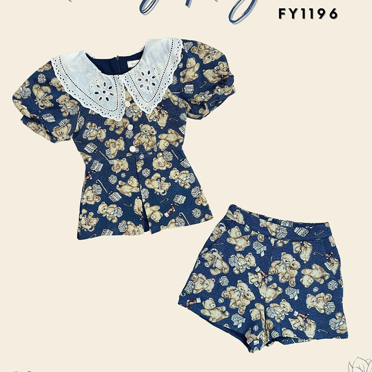 kudapy เซตเสื้อ+กางเกงลายหมีขาสั้น สุดคิ้วท์สุดปังใส่ไปเที่ยว ซิปซ่อนด้านหลัง