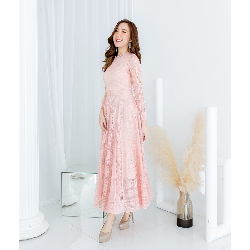 kudapy เดรสยาวสีชมพู/สีขาว/สีกรม/สีแดง แขนยาวผ้าลูกไม้สวยดูดีใส่สบายน่ารักมากๆ