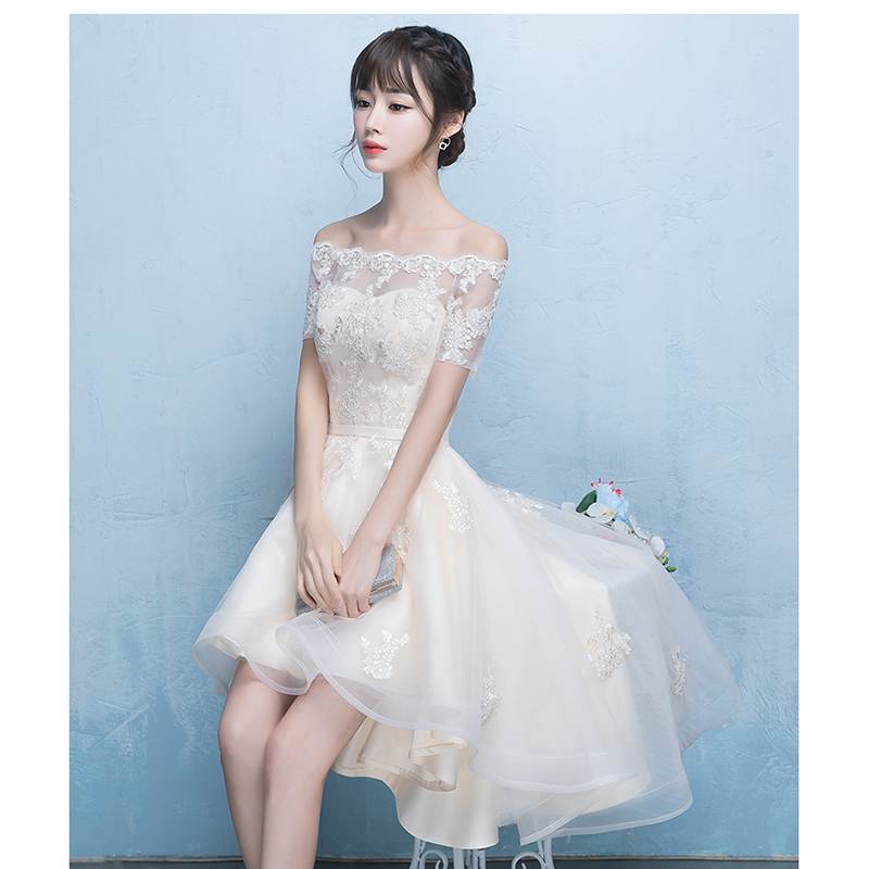 kudapy เดรสกระโปรงหน้าสั้นหลังยาวสีครีม ออกงานผ้าลูกไม้ปักสุดหรู ดีไซน์เปิดไหล่ ปิดต้นแขน