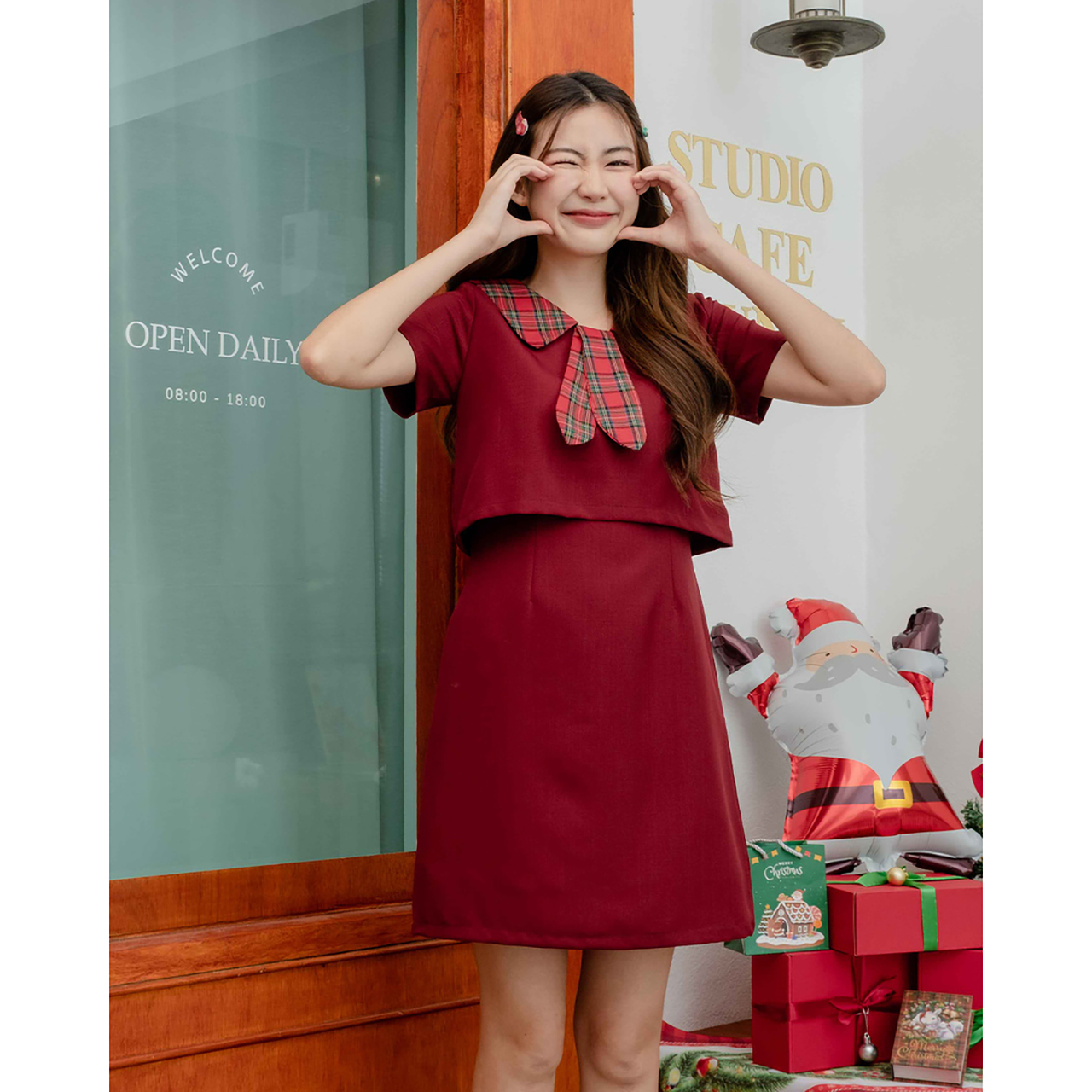 kudapy เดรสแขนสั้นศ๊เทาฟ้า/สีแดงเข้ม/สีครีม คอปกแต่งหูกระต่ายผ้าลายสก๊อตดีไซน์น่ารักเกาหลี