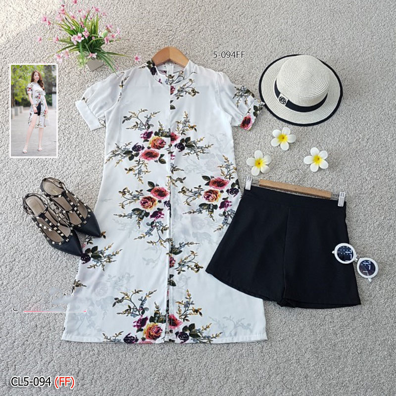 kudapy Set 2 ชิ้น เดรสคอปีนผ่าหน้า แขนตุ๊กตา เนื้อผ้าหางกระรอกพิมพ์ลายดอกกุหลาบ