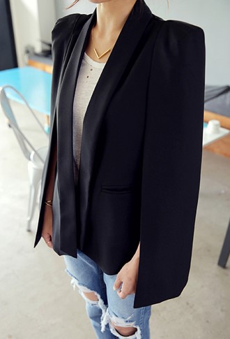 เสื้อสูทแฟชั่นผู้หญิงผ่าแขนสีดำเรียบหรู