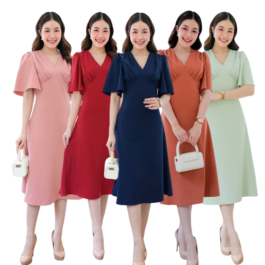 kudapy เดรสสั้นสีชมพูกลีบบัว,สีส้ม,สีครีม ,สีแดงเลือดหมู, สีขาว,สีน้ำเงินกรมท่า,สีเขียวมิ้นท์ คอวี แขนกระดิ่ง คัตติ้ง เอวสูงปรี๊ด กระโปรงบานตีเกร็ดเอว