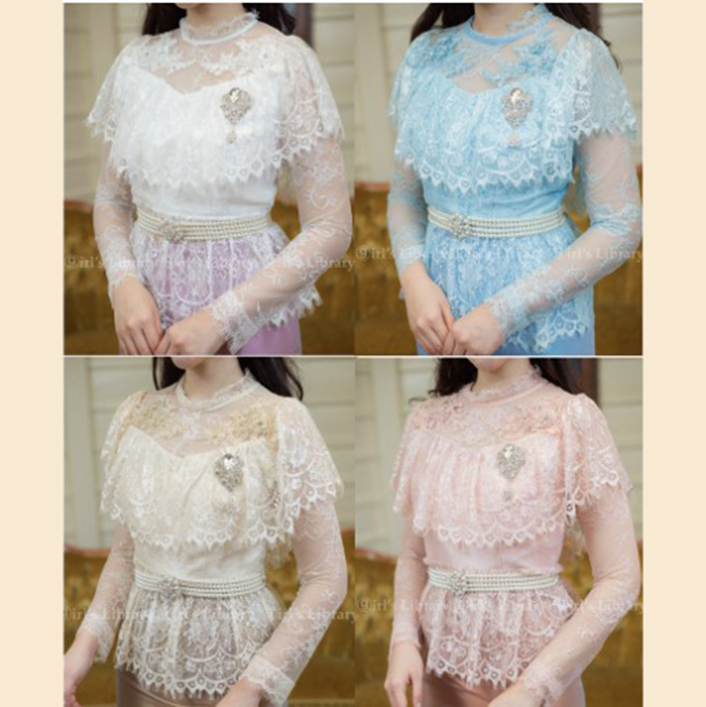 kudapy เสื้อลูกไม้เนื้อนิ่มสีขาว/ชมพู/ครีมทอง/ฟ้า แขนยาว คอปิด ระบายรอบไหล่เย็บแต่งดอกไม้สามมิติช่วงไหล่ด้านหน้า เอวระบายบาน ผ้าลูกไม้นิ่มยืดหยุ่นเนื้อเงา