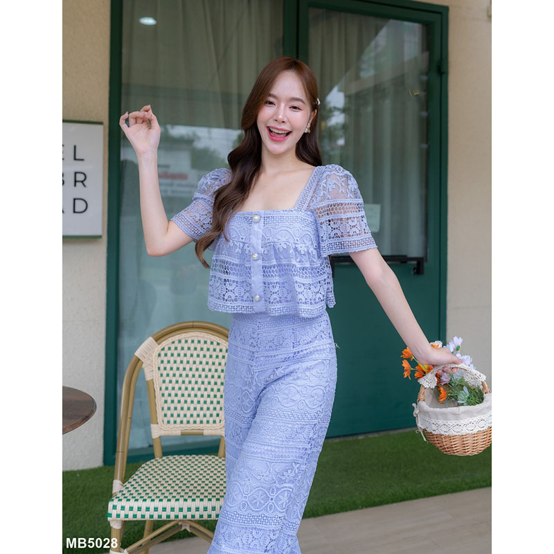 kudapy เซตเสื้อสีครีม/สีม่วง เสื้อครอปลูกไม้แต่งแขนตุ๊กตากิมมิคกางเกงขายาว