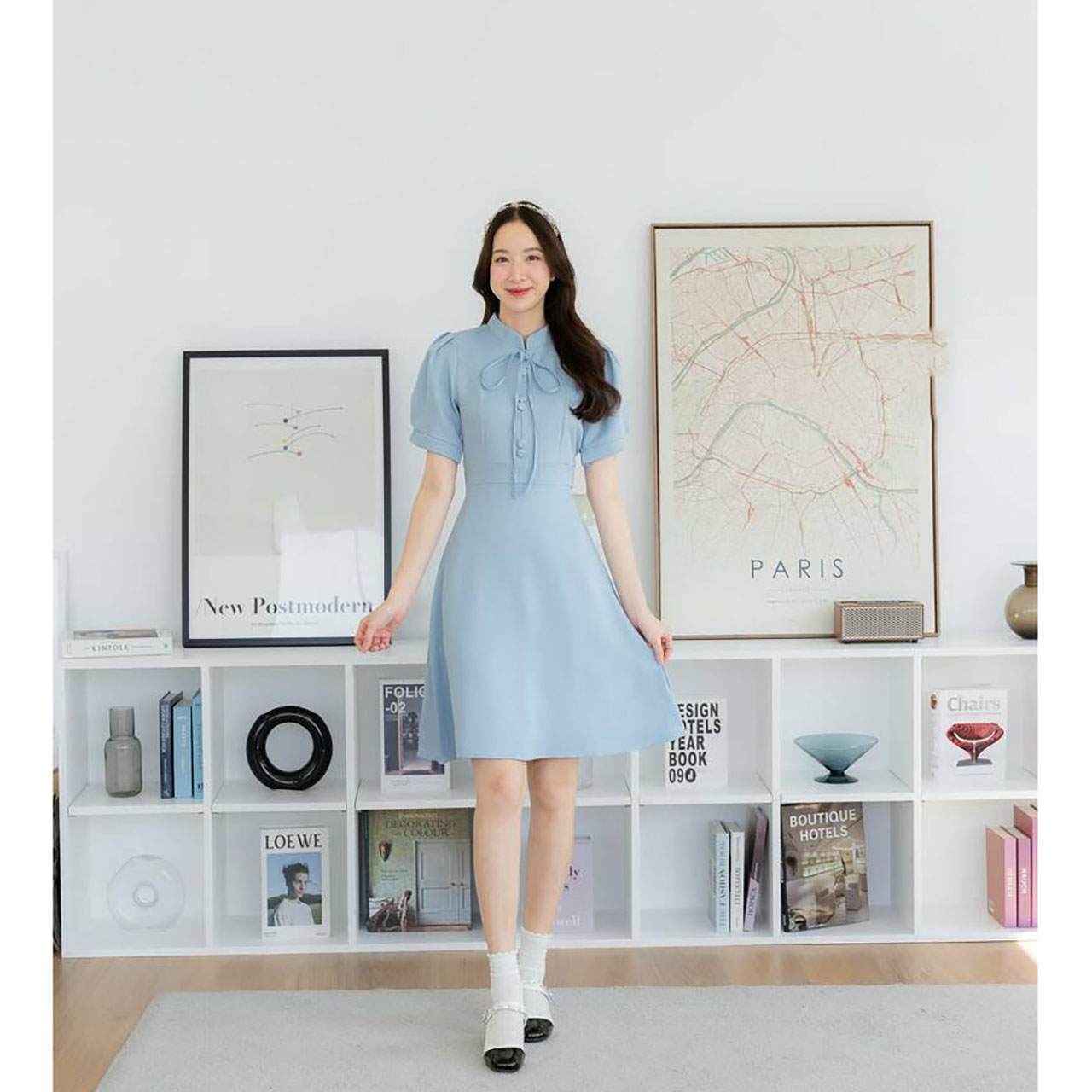 kudapy เดรสสั้นสีฟ้า/สีม่วง/สีชมพู กระโปรงบานผ้าพื้นผูกคอ