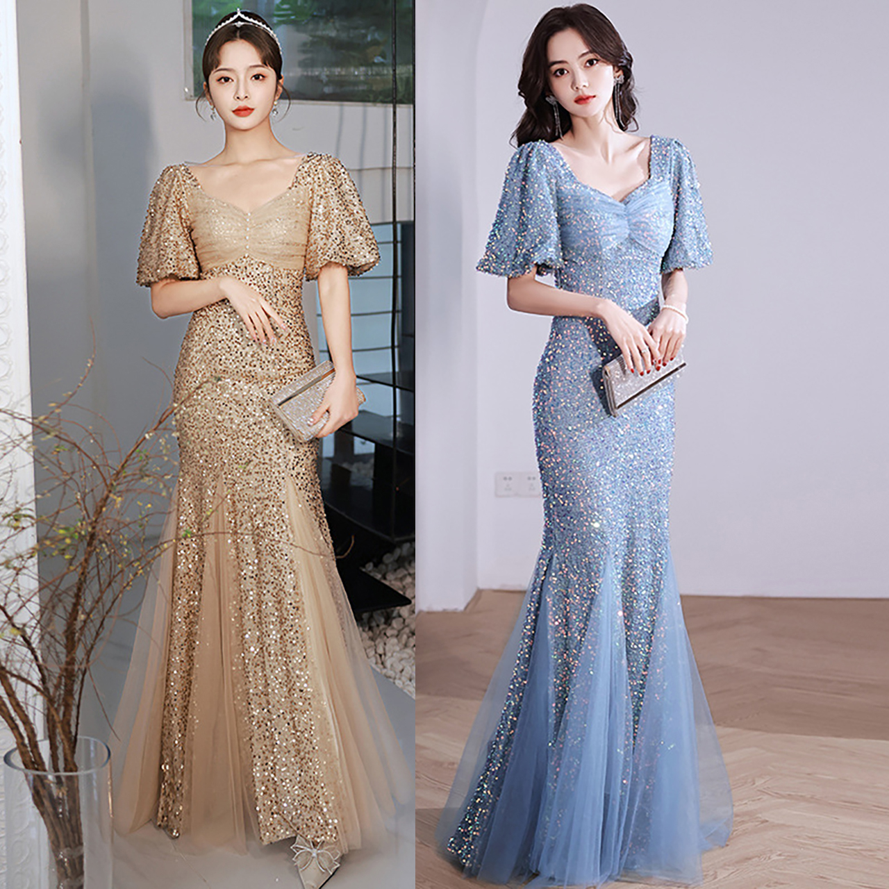 kudapy เดรสยาวสีทอง/สีฟ้า ผ้าปักเลื่อม สวยเรียบหรูดูแพง ใส่งานกลางวัน กลางคืน งานแต่งงาน ชุดราตรี