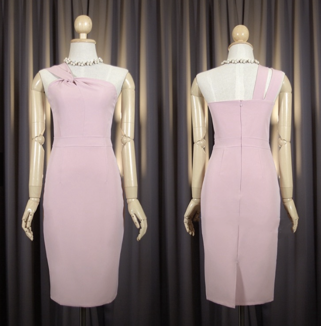 kudapy ชุดไปงาน เดรสสั้นไหล่เดี่ยว เดรสไหล่เฉียงข้างสีชมพู,สีครีม,สีฟ้าพาสเทล ใส่งานแต่งในโบสถ์ งานบุญ งานบวช ได้หมดจ้า