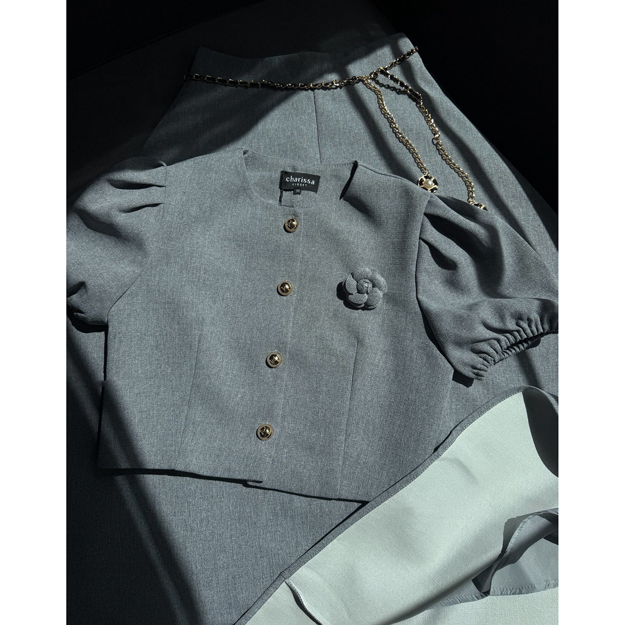 kudapy เซ็ทเสื้อแขนตุ้กตา เสื้อ กระโปรงเอวสูง เข็มกลัดดอกไม้ เข็มขัดโซ่