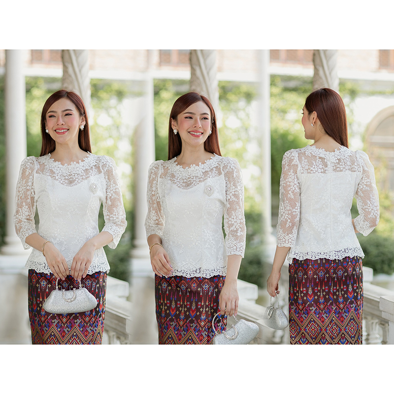 kudapy (เฉพาะเสื้อ) เสื้อลูกไม้สีดำ/สีขาว ตัวเสื้อใช้ผ้าลูกไม้ใยบวบเนื้อดีลายลูกไม้แน่นทั้งตัว ตัวเสื้อมาพร้อมซับในเนื้อดีในตัว