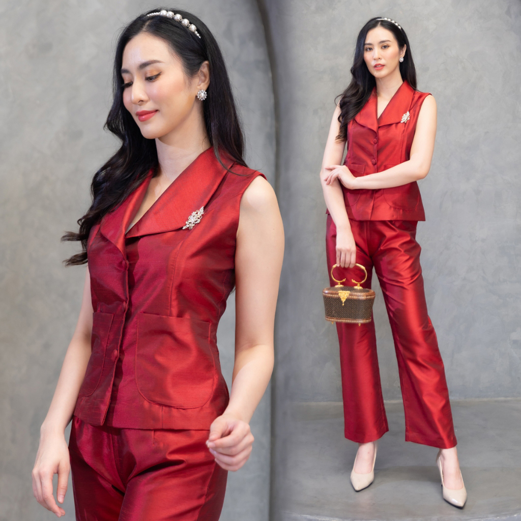 kudapy ชุดเซต เสื้อแขนกุด+กางเกง ผ้าไหมใส่ออกงาน สีแดง,สีชมพู,สีเทา,สีน้ำตาล