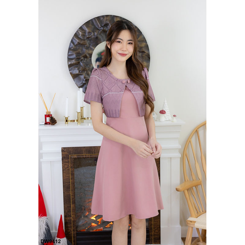 kudapy เดรสสั้น ทรงบานเสื้อลายไทยแต่งกระดุมที่คอ 2 ชิ้น