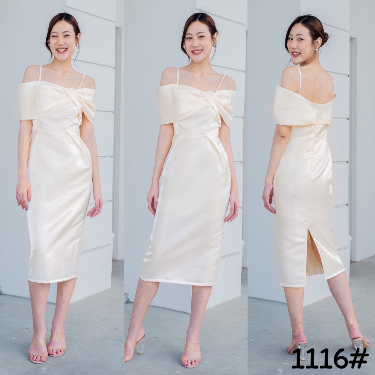 kudapy เดรสสายเดี่ยวเปิดบ่า แต่งจีบโบว์ข้าง กระโปรงสอบ ทรงดินสอ ผ่าหลังเดินสะดวก พรางแขน