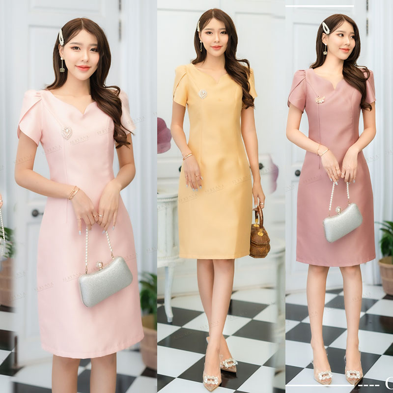 kudapy เดรสสั้นสีเหลืองทอง/สีชมพูอ่อน/สีชมพูเข้ม ผ้าไหม ชุดออกงานสวยดูดี ใส่สบาย