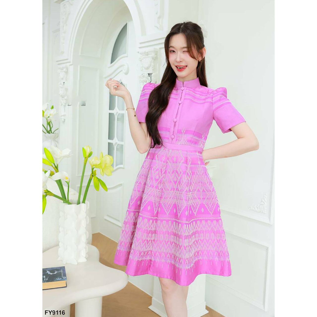 kudapy เดรสคอจีนแต่งกระดุมจีนพิมพ์ลายไทยประยุกต์